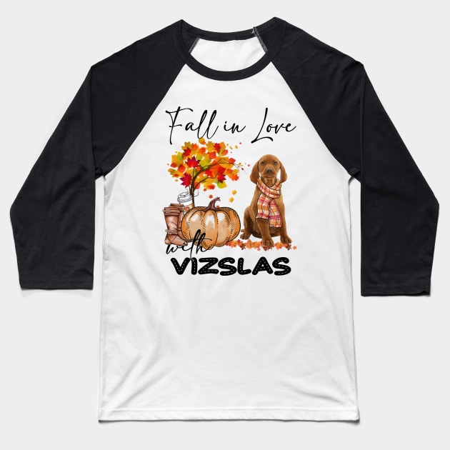 Fall In Love With Vizslas Fall Pumpkin Thanksgiving Baseball T-Shirt by Gearlds Leonia